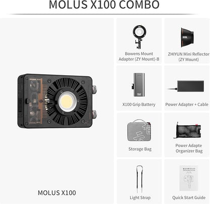 ZHIYUN MOLUS X100 Bi-color Combo 100W Video Light [Official] V2 Upgraded Version Professional Photography Lighting Portable Continuous Output Lighting 2700K~6500K CRI≥95 TLCI≥97 for Youtuber TT Photog