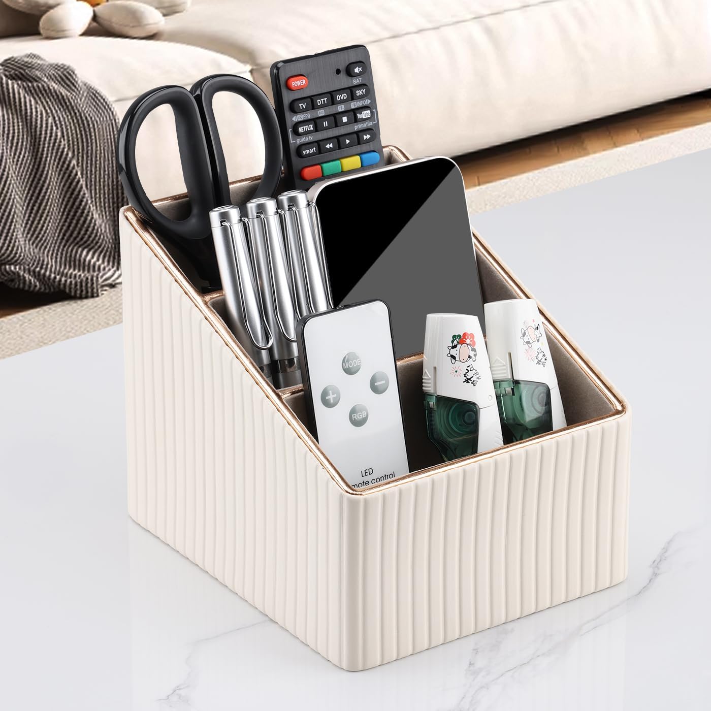 KINGFOM Remote Control Holder with 3 Compartments, Pu Leather Remote Caddy Desktop Organizer for TV, CD, Blu-Ray, Media Player, Heater Controllers and Cosmetics Office Supplies Light Beige