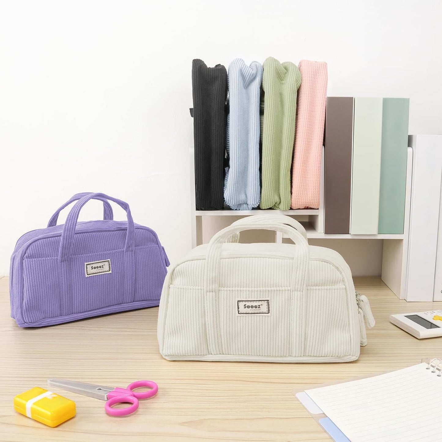 Sooez Large Pencil Case Pouch, Extra Big Pencil Bag with 5 Compartments, Pen Bag Wide Opening, Soft Corduroy Pencil Pouch Organizer with Zipper, Cute Aesthetic School Supplies for Teen Girls-Purple