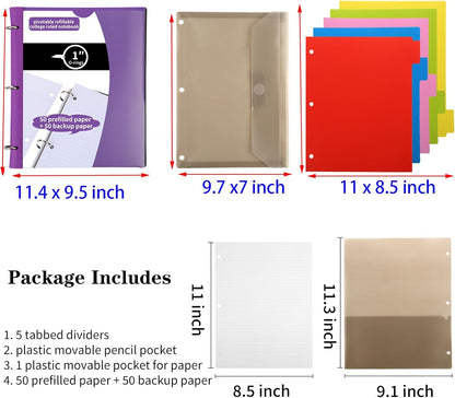 Pivotable Refillable Notebook, Upgraded 1 Inch 3 Ring Notebook Binder, 100 College Ruled Paper, 5 Subject Notebook with Dividers and Folder Pockets, Tabs- Purple