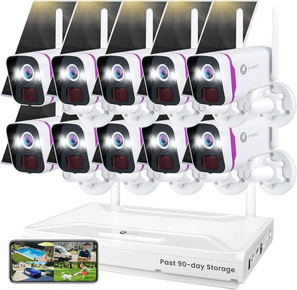 XMARTO Solar Security Cameras Wireless Outdoor, WiFi6 NVR with 64GB Micro SD Card, 10 PCs 4MP QHD Home security camera system with 10CH Expandable NVR, 120 Days Local Storage, All-Weather Solar Charge