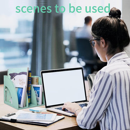SAYEEC Magazine File Holder Folder Storage Desktop 4 Compartment Standing Hollow Green Files Bookshelf Organizer Box Office Racks Displays Holds Notebooks Documents for School Working Students