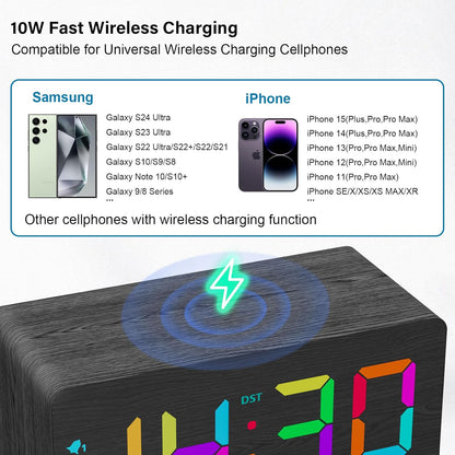 Wooden Digital Alarm Clock with Fast Wireless Charger, Dual USB Charging Ports, DST, Dimmable, Snooze, RGB Large Number Display LED Clock for Bedrooms, Living Room, Desk, Table, Bedside(Black)