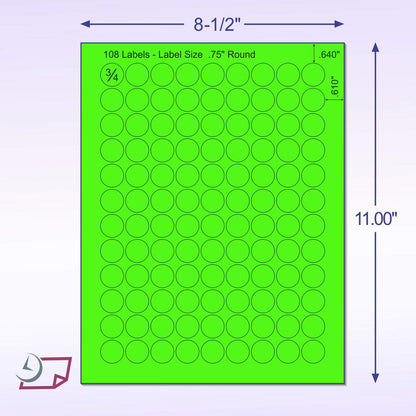 NextDayLabels - 8-1/2 x 11 Neon Color High Light Fluorescent Labels for Laser & Inkjet Printer (Green Fluorescent, 3/4" Round - 108 Per Page | 2700 Labels)