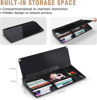 SELEAD Desktop Glass Whiteboard with Organizer, Markers, Eraser - Dry Erase Board Computer Pad Keyboard Stand with Drawer and Holder for Home, School, Office - Black