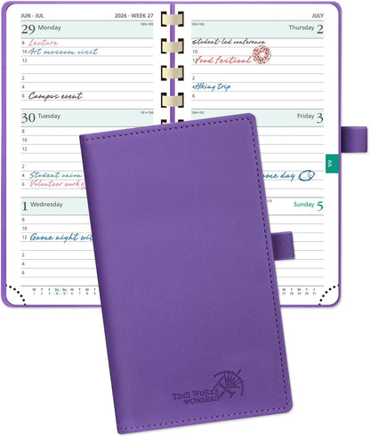 POPRUN 2026 Pocket Planner (Slim Size 3.5" x 6.5") Weekly and Monthly Calendar for Purse, with Hourly Time Slots, 100GSM Thick Paper, Spiral Soft Cover, Pen Holder - Purple