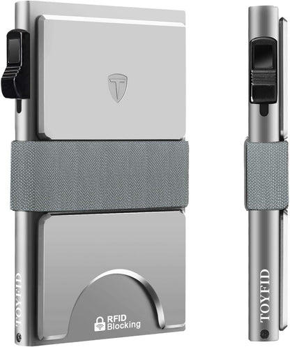 Slim Card Holder for Men&Women Compact Metal Front Pocket Wallets Pop Up Quick Access Credit Cards Holder with RFID Blocking Expandable Backplate&Money Band,Holds 12+ Cards,Silver