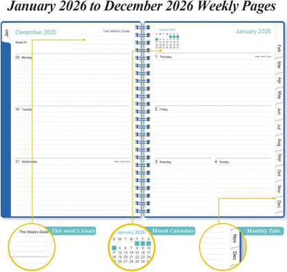 2026 Planner - Planner 2026 from January 2026 - December 2026, Weekly & Monthly Planner Spiral Bound with 12 Monthly Tabs, Inner Pocket, 6.4" x 8.5", Blue