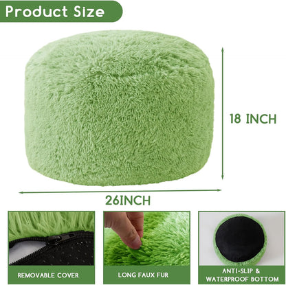 HIGOGOGO Round Stuffed Pouf Ottoman, Long Faux Fur Poufs with Foam Chunk Filling, Fluffy and Furry Pouf Foot Stool Storage Ottoman, 26 X 18 Floor Poufs Foot Rest for Living Room, Green