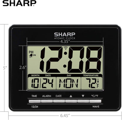 Sharp Atomic Desktop Clock – Auto Set Digital Alarm Clock - Atomic Accuracy - Easy to Read Screen with Time/Date/Temperature Display- Perfect for Nightstand or Desk