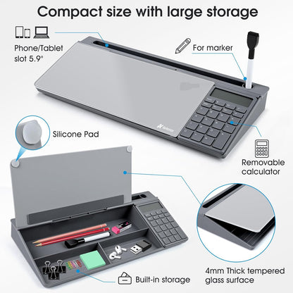 Varhomax Glass Desk Whiteboard Gray with Calculator, Desktop Organizer Dry Erase White Board with Storage, to Do List Memo Notepad for Home Office and School Supplies