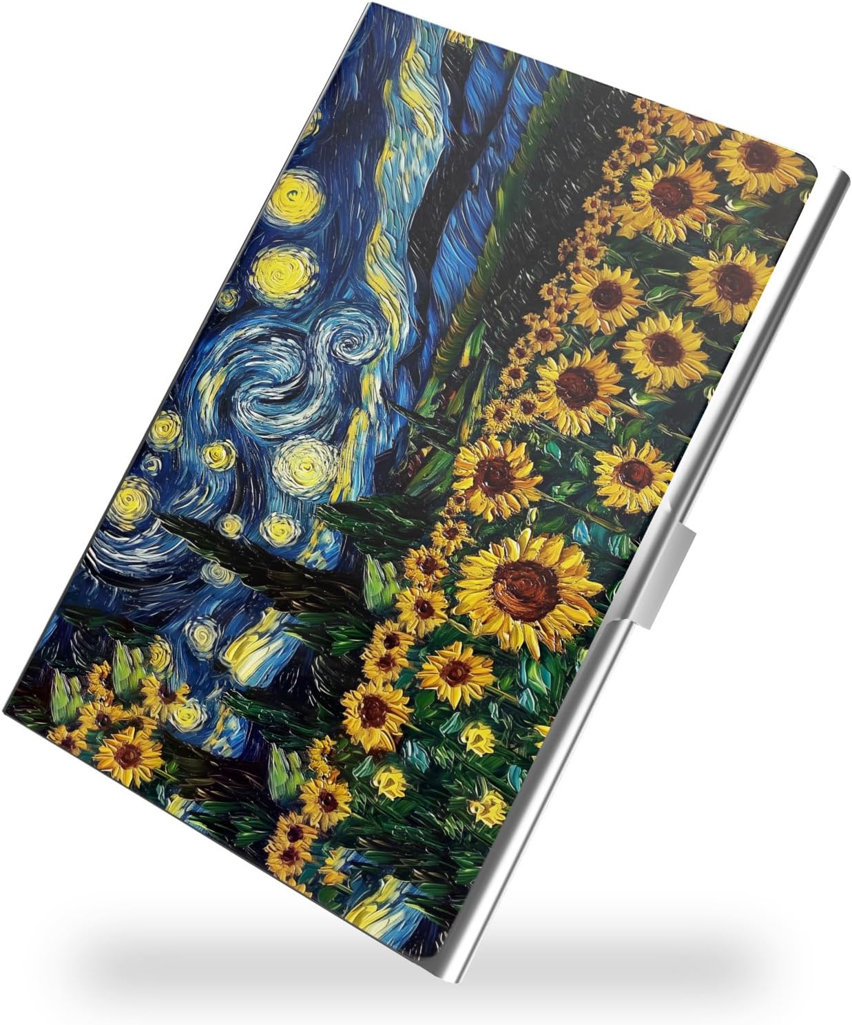 Business Card Metal Slim Organizer, Professional Stainless Steel Square Pocket Wallet for Office Workers, Compact and Portable for Pockets (Starry Sunflowers A)