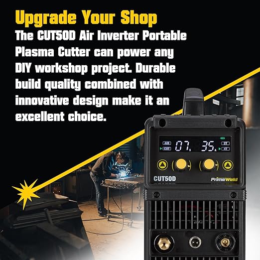 PrimeWeld 50A Air Inverter Plasma Cutter, Portable Plasma Cutting Machine, Premium and Rugged Plasma Cutter Kit, Automatic Dual Voltage 110V/220V AC with Plasma Torch, 1/2" Clean Cut, CUT50D