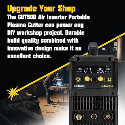 PrimeWeld 50A Air Inverter Plasma Cutter, Portable Plasma Cutting Machine, Premium and Rugged Plasma Cutter Kit, Automatic Dual Voltage 110V/220V AC with Plasma Torch, 1/2" Clean Cut, CUT50D