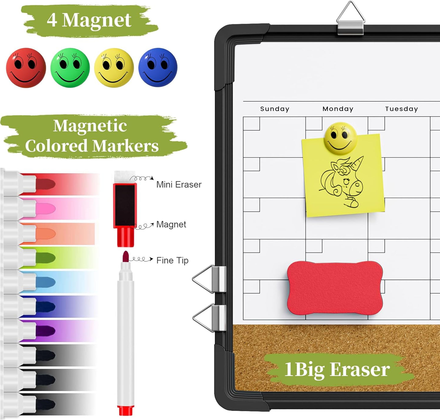 Dry Erase Calendar White Board for Wall, Polegas 17" X 13" Magnetic Whiteboard Dry Erase Cork Board Combination, Small Wall Monthly Double Sided Boards Student, Home, Office (Black)