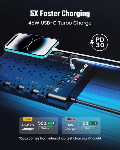 Surge Protector Power Strip, SUPERDANNY Charging Station 22 Outlets with 45W Type-C Fast Charging USB Ports, 4 USB-A, 2 USB-C, 2100J, 15A/1875W, 6.5Ft Flat Plug Extension Cord for Home Streaming Black