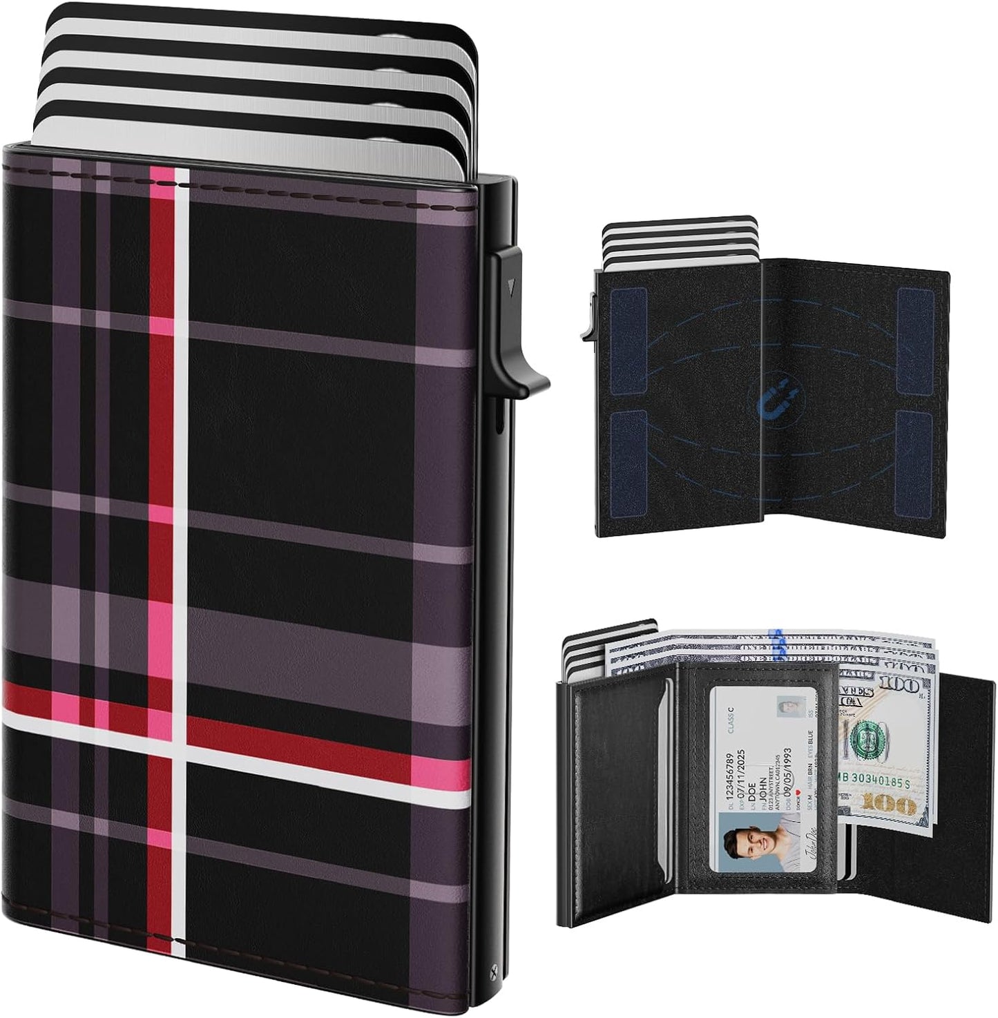 typecase Mens Wallet Card Holder: Pop Up Aluminum Case, Carbon Fiber Leather, Smart, RFID Blocking, Slim, Minimalist, Front Pocket - 9-14 Card Capacity | ID Window | Cash Slot (Plaid)