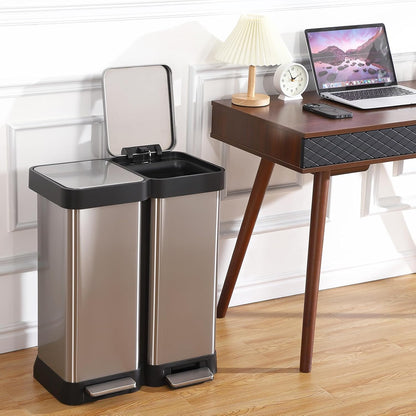 Kitchen Trash Can, 2 x 7.93 Gal (2 x 30L) Dual Trash Can with Recycle Bin, Stainless Steel Garbage Can, Fingerprint-Resistant Soft-Close Dual Recycling Bins for Kitchen