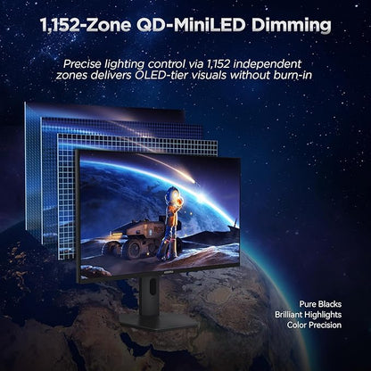 KOORUI 27" 4K QD-Mini LED Gaming Monitor - Dual-Mode (UHD 160Hz or FHD 320Hz), 1ms, 99% Adobe RGB, HDR1400, 90W USB-C, HDMI 2.1/DP1.4, VESA, Tilt Height Swivel Vertical Adjustment, Black, S2741LM