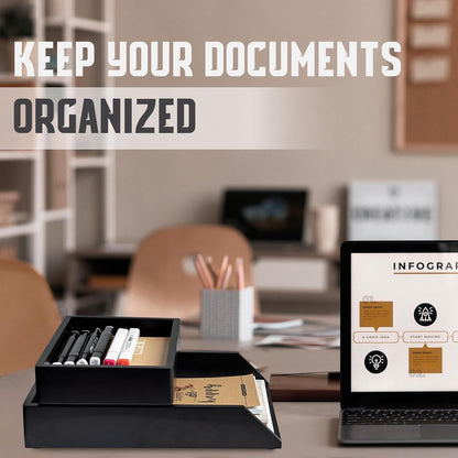 Demigo Desk Organizer Letter Tray Set of 2, Acacia Wood Tabletop Desktop for Storage Paper Letter Folders Notebooks Copy Print, Workspace Holder, Keep Stationery Saver (Black)