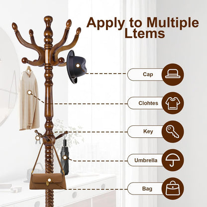 Solid Wood Coat Stand, Freestanding with Stable Base, 70" Birch Coat Tree Organizer for Home, Bedroom, Office, Hallway & Entryway with 11 Hooks