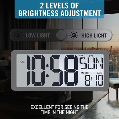 TXL Rechargeable Atomic Clock with Backlight, 14.2" Large Display Digital Wall Clock Battery Operated with Day, Date & Temperature, Large Wall Clock for Bedroom, Livingroom, Office（White）