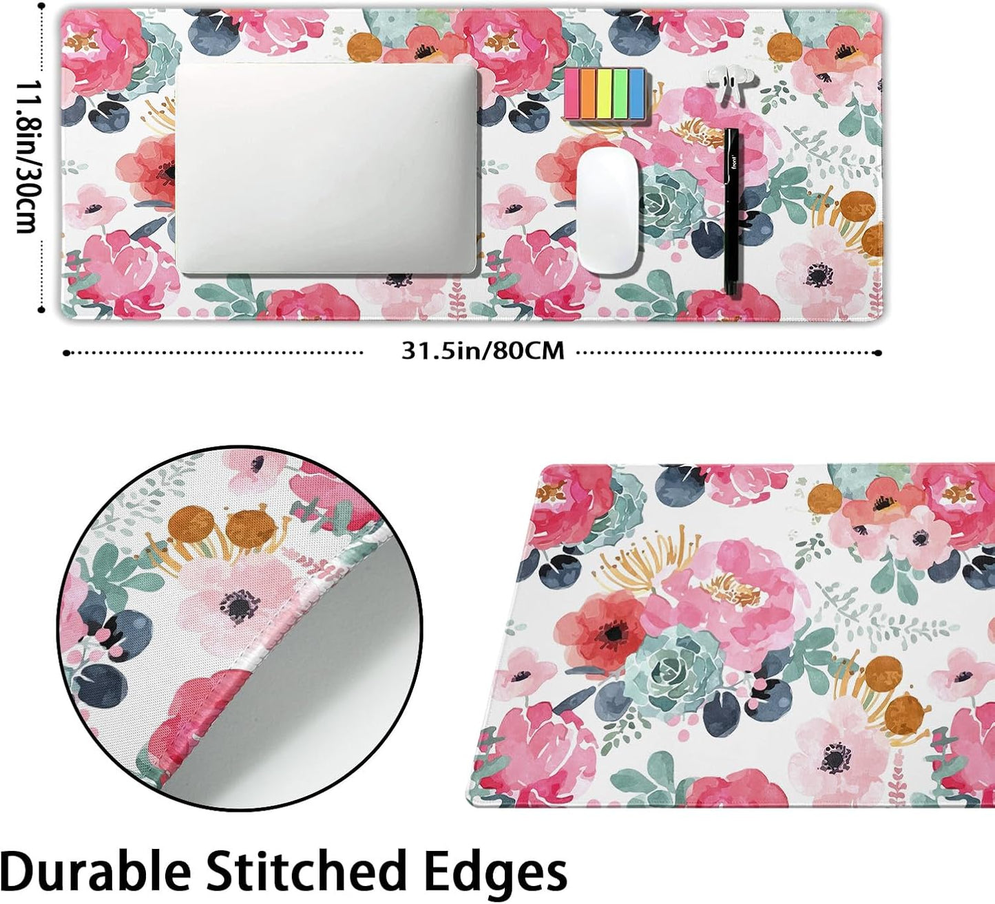 Pink Green Flowers Gaming Mouse Pad XL Cute Watercolor Floral Pretty Extended Desk Pad Trendy Pastel Big Large Mousepad Non-Slip Rubber Base Stitched Edge Long Table Mat for Desktop, 31.5 x 11.8 inch