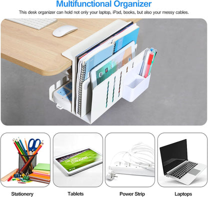 MAXECHO Desk Side Storage, Under Desk Laptop Mount, Table Side Hanging File Organizer, No Drill Clamp On Cable Management Tray, Laptop Holder with Magnetic Pen Holder for Office and Home, Load 22 Lbs