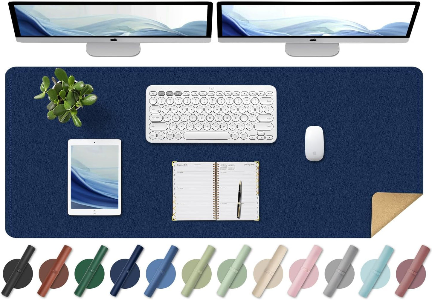 BLESWIN Large Desk Pad Mat 47.2"" x 17"", Office Desk Mat, Non-Slip PU Leather & Cork Desk Blotter for Keyboard and Mouse, Large Desk Mat, Large Mouse Pad for Office & Home(Dark Blue)