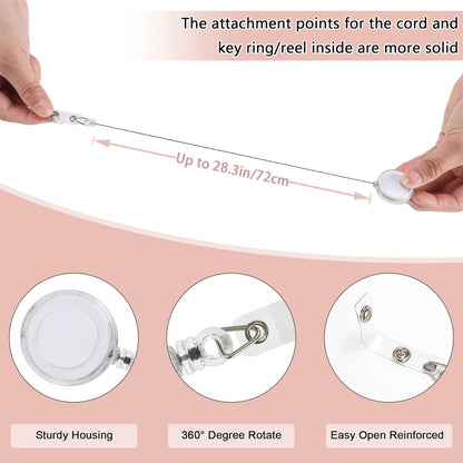 JANYUN 50 Pcs Retractable Badge Reel Clips Holder for Hanging ID Card Name Key Chain (Clear White)