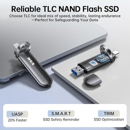 SSK USB Flash Drive 2TB SSD External, TLC NAND Solid State Drive Dual USBC & USBA Ports, Up to 1000MB/s High-Speed Portable 1TB USB Thumb Drive Stick for iPhone 15/16/17 Pro, Mac, Android, PC Backup