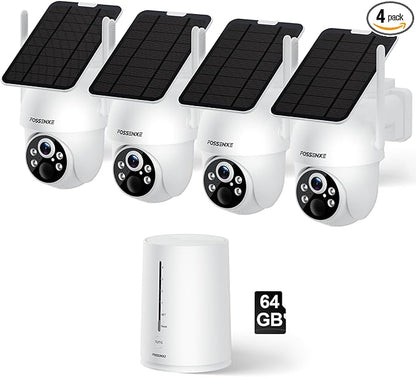 Solar Security Cameras Wireless Outdoor, 4 Cam-Kit, Solar-Powered, 2K Cameras for Home Security System, 360° Pan & Tilt, Color Night Vision, Motion Detection, 64GB Memory Card, No Monthly Fee