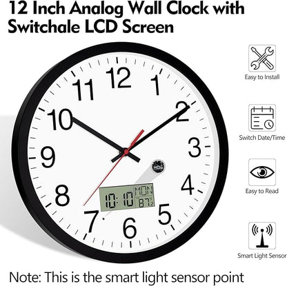 12" Digital Wall Clock with Temp Week Switchable Time and Perprtual Calendar on LCD Display, Silent Battery Operated Analog Clock for Bedroom Classroom Office Garage (Black)