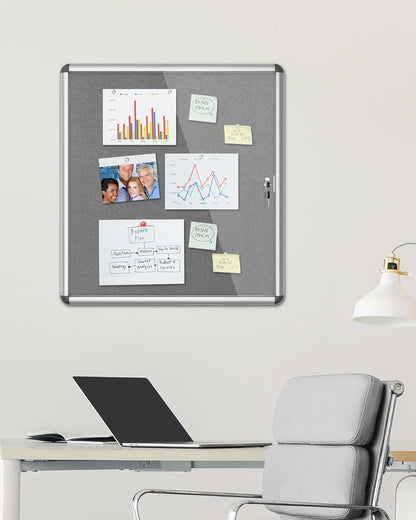 28"x26" Enclosed Bulletin Board, Lockable Weather-Resistant Aluminum Cork Noticeboard for School & Office, Silver Frame w/Grey Flet