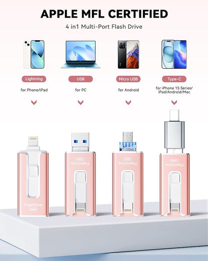 MFi Certified 256GB Flash Drive for iPhone iPad, Photo Stick for External Memory Storage, Easily Back Up and Save Photos Videos, 4 in 1 Memory Stick Thumb Drive for iPhone/iPad/Android/PC (Light Pink)