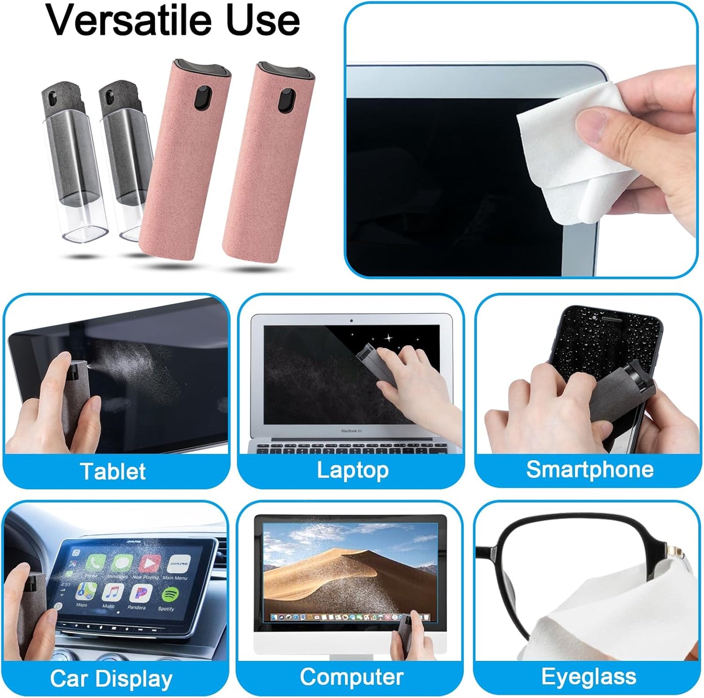 walrfid 4Pcs Car Screen Cleaner, Computer Screen Cleaner Spray and Wipe, Laptop Cleaner Kit for Cleaning iPad, iPhone, Cellphone, Monitor, Macbook Pro, Car Display, Electronic Device Screen, Grey Pink