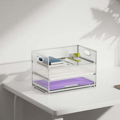 Marbrasse 3 Tier Paper Organizer Letter Tray, Mesh File Organizer with Handle, Paper Sorter Desk Organizer for Home Office Supplies - Silver