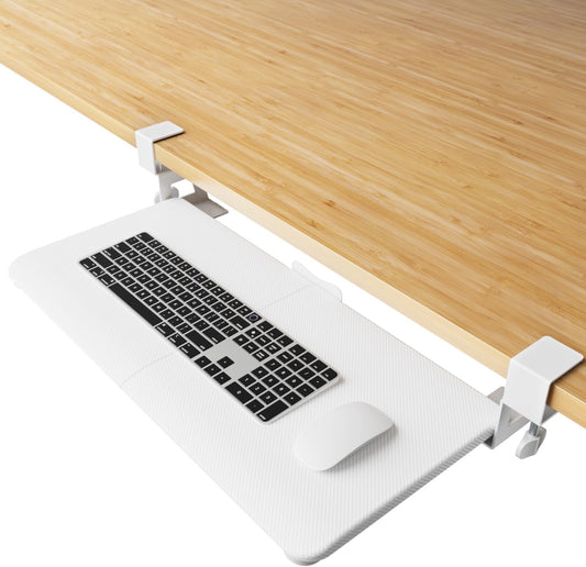 Large Keyboard Tray Under Desk Slide Out with Extra Sturdy C Clamp Mount System,26'' (30'' including Clamps) x11 Slide-Out Keyboard Drawer Under Desk for Typing,Keyboard Mouse Tray,White