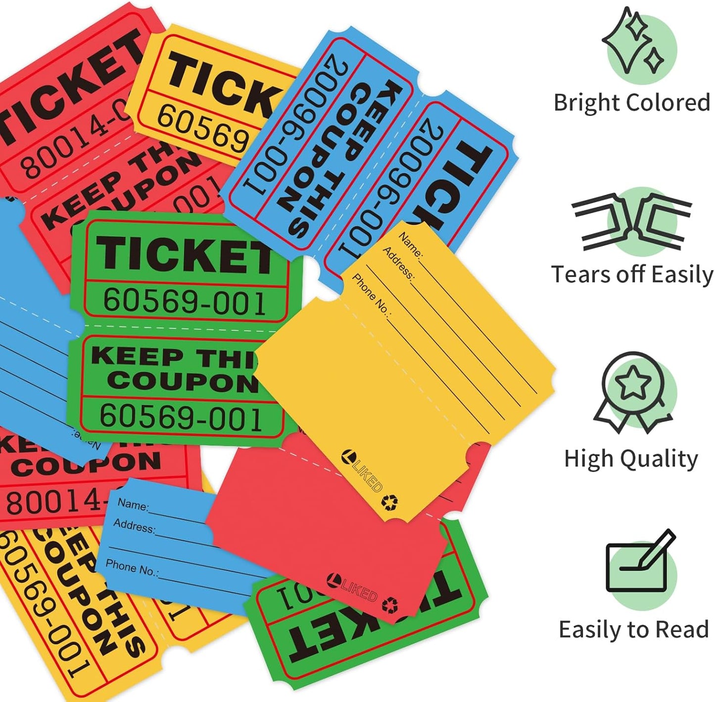 L LIKED 4000 Pairs Double Raffle Tickets - 4 Assorted Colors (Blue, Yellow, Red, Green), 1000 Tickets per Roll for Events, Fundraisers & Parties