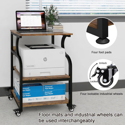 Natwind Large 3-Tier Rolling Printer Cart with Adjustable Shelf, 24”x20” Mobile Stand for Heat Press, 3D Printer, Home Office Multifunctional Shelves with Locking Wheels (Retro)