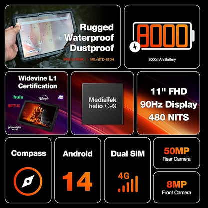 AGM Rugged Tablet, 11" Android Tablet GMS Certified with MTK G99, 16GB RAM 256GB ROM 2TB TF, 90Hz FHD IPS Touchscreen 18H Battery, 50MP+8MP, GPS, IP68/IP69K, Drop-Proof with Strap & Case for Outdoors