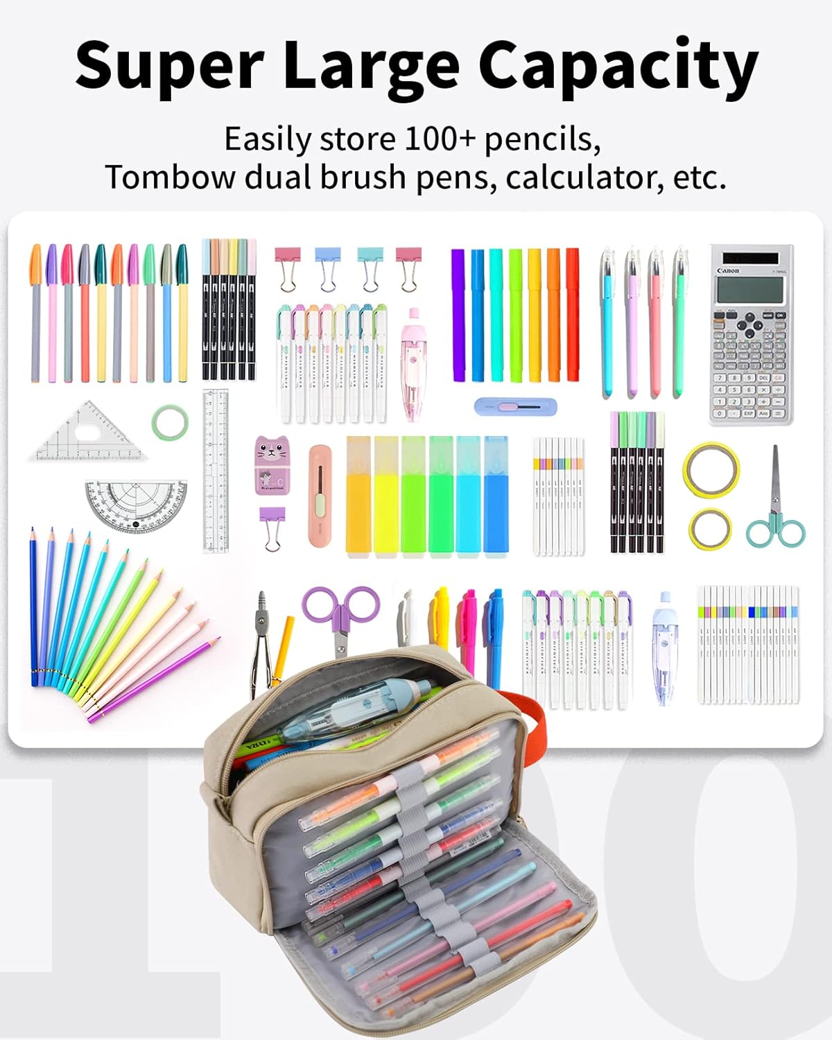 Sooez Big Capacity Pencil Case, Upgraded Canvas Pencil Pouch Large Pencil Bag Organizer, Separate Compartments Easy Grip Handle, Aesthetic Supply for School Teens Adults,Beige Pen Case