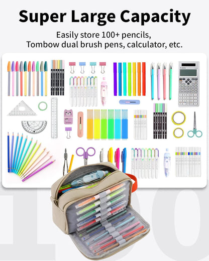 Sooez Big Capacity Pencil Case, Upgraded Canvas Pencil Pouch Large Pencil Bag Organizer, Separate Compartments Easy Grip Handle, Aesthetic Supply for School Teens Adults,Beige Pen Case