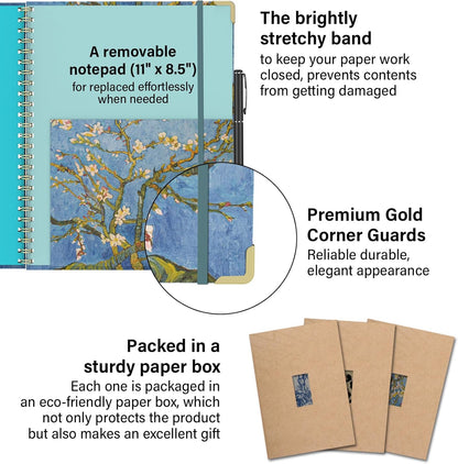 Foldable Clipboard Folio with Storage, 5 Plastic Folders with 10 Pockets,Refillable Lined Notepad (11" x 8.5"), Hardcover Project Organizer Nursing Teacher School Essentials(Almond Tree)