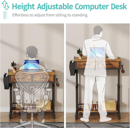 Small Portable Standing Rolling Desk - 32 Inch Adjustable Mobile Stand Up Teacher Desks with 2 Fabric Drawers on Wheels, Couch Sofa Side Laptop Table with Storage for Bedroom Home Office, Rustic Brown