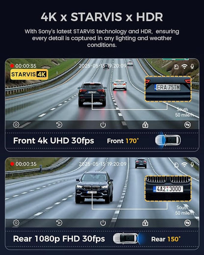 COOLCRAZY 4K Dash Cam Front and Rear with Touch Screen & STARVIS Sensor,5.8Ghz Wi-Fi,GPS,64GB Card,Night Vision Dashcam,G-Sensor,Loop Recording,App Control,24H Parking Monitor Car Camera
