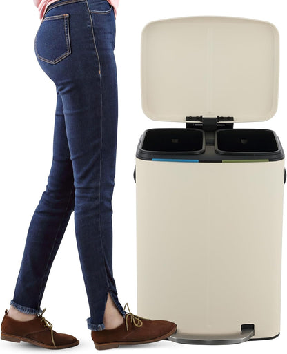 happimess HPM1005F Marco Rectangular 10.6-Gallon Double Bucket Trash Can with Soft-Close Lid, Fingerprint Resistant, Modern, Minimalistic for Home, Kitchen, Office, Bathroom, Limestone Beige