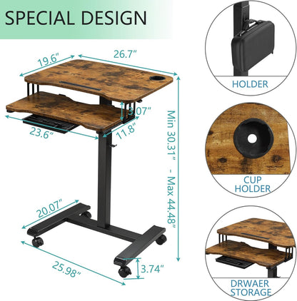 ETHU Mobile Standing Desk with Keyboard Tray,Computer Workstation, Height Adjustable Laptop cart on Wheels Rolling Desk for Home Office(Walnut)