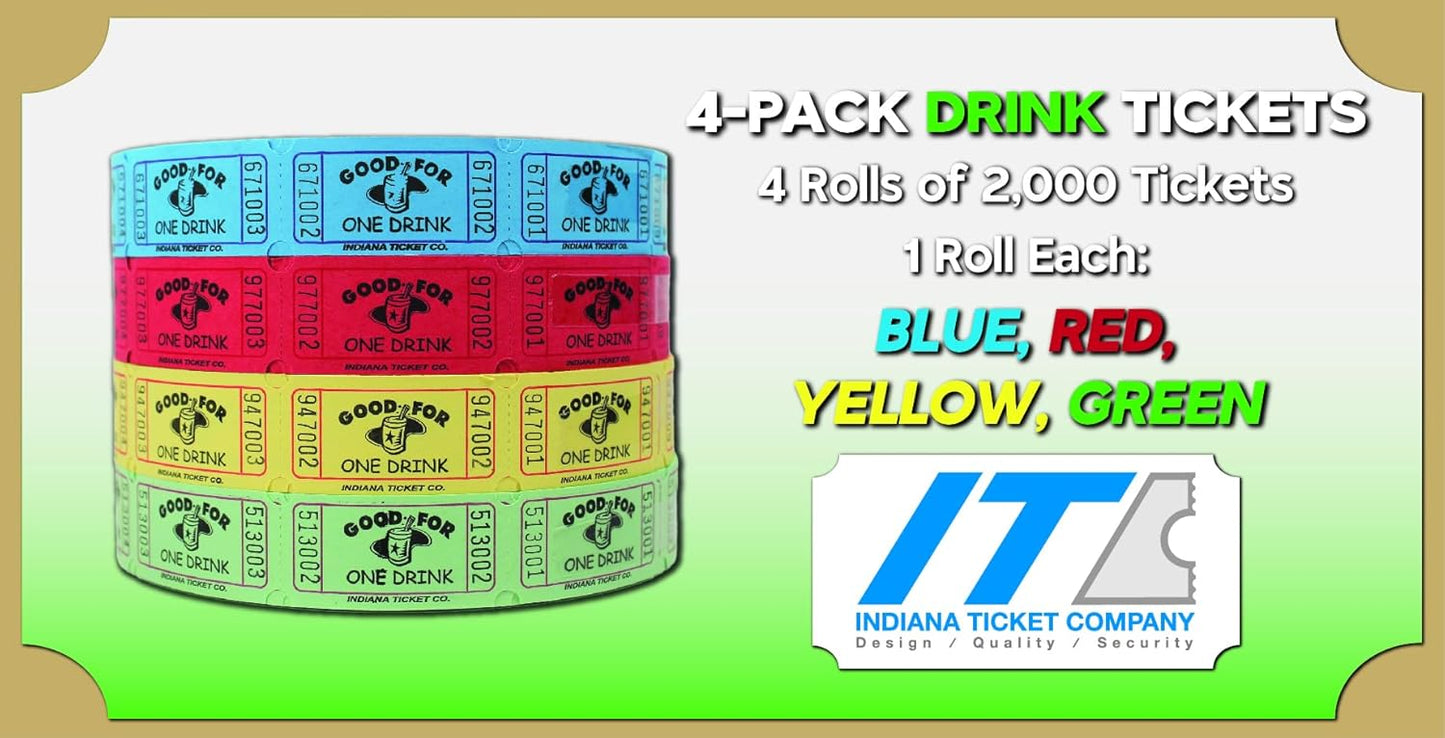 INDIANA TICKET CO. Drink Roll Tickets,1 Each of Red,Blue,Yellow & Green 2000 Tickets per Single Roll, 1x2 Tickets Admission, Events, Fundraisers & Prizes (Pack of 4)