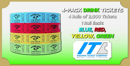 INDIANA TICKET CO. Drink Roll Tickets,1 Each of Red,Blue,Yellow & Green 2000 Tickets per Single Roll, 1x2 Tickets Admission, Events, Fundraisers & Prizes (Pack of 4)